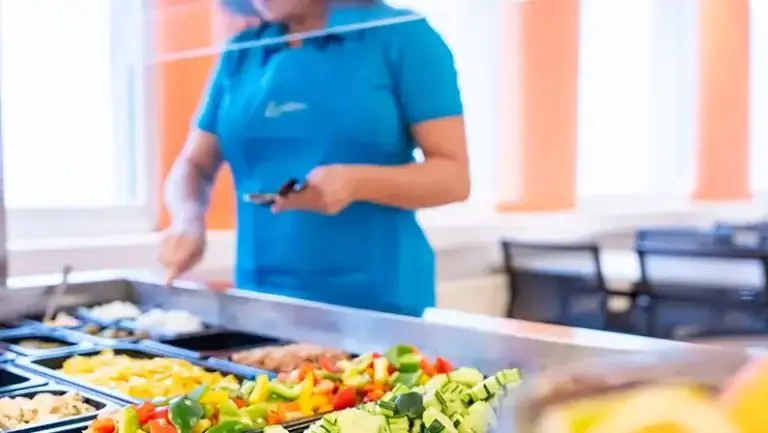 Medarbeider fra Løvetann Kantine som danderer salatbaren i en kantine.
